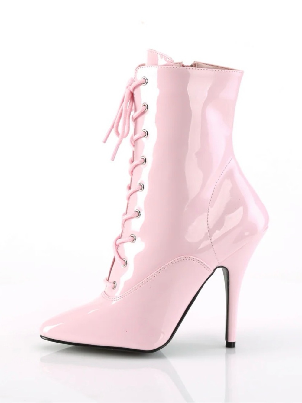 Pleaser Pink Patent Lace-Up Pointed Ankle Boots